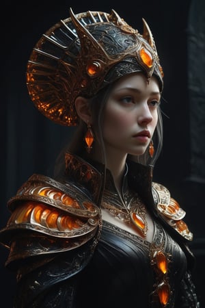 3D artwork, upper body shot represesenting a mighty female young caracter. High elven hat shaped as an orange seashell, mantle, shining gold jewels and silver chains. (Majestic pose:1.4), (hieratic expression:1.6), emerging from the darkness in the style of Rembrandt. The caracter wears a black and orange large luxury dress. The character is illuminated from the side by a dark golden light. Marine vibes. Vibrant colors. The background is a black gothic cathedral interior dimly lit by moonlight. UHD, high resolution, 8k.