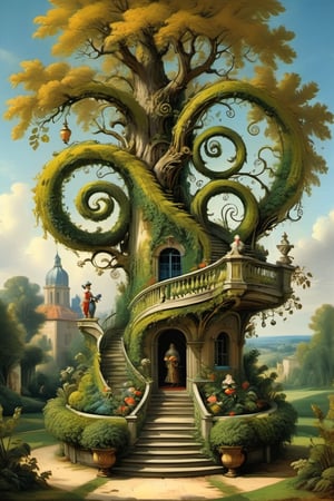 A mystical greenery garden, masterful whimsical topiary sculptures, baroque style vases, flowers, esotic birds, (multiple fantastic spirals of branches and leaves:1.9), dreamy atmosphere, golden vibes, romantic landscape. Masterpiece, rococo style, painted by Jean-Honoré Fragonard and Michael Cheval