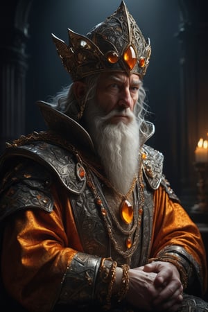 3D artwork, upper body shot of a caracter represesenting an harlequin mighty man. High elven hat shaped as a white seashell, orange mantle, shining gold jewels and silver chains. (Majestic pose:1.4), (hieratic expression:1.6), emerging from the darkness in the style of Rembrandt. The caracter wears an orange large luxury suit. The character is illuminated from the side by a dark golden light. Vibrant colors. The background is a black gothic cathedral interior dimly lit by moonlight. UHD, high resolution, 8k.