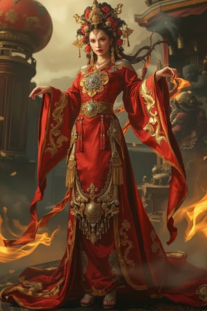 Full body shot of a character standing in majestic pose, hyper realistic representation of a fantasy chinese empress with the most sumptuous wedding hanfu dress made of red silk and richly embroidered with gold and silver threads, (wide sleeves:1.2), intricately carved golden badges and tassels, golden line, fire and flame and clouds of smoke. Art by Yoshitaka Amano, Zhong Fenghua, stunning interpretive visual, colorful, dreamy magical atmosphere, (film grain), (warm hue, warm tone), cinematic light, side lightings, Midjourneyart, zhongfenghuaStyle