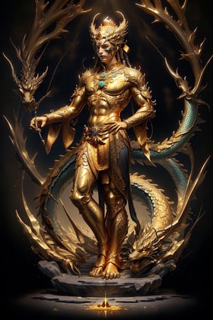 1 chinese full body God with dragon hyperdetailed dark bronze sculpture, bronze face, human feet, (masterful:1.3), in the ancient style of the best chinese art, detailed and intricate, golden line, yellow crystals, glass elements, complex background, golden intricately detailed background, black color,bg_imgs,dragon