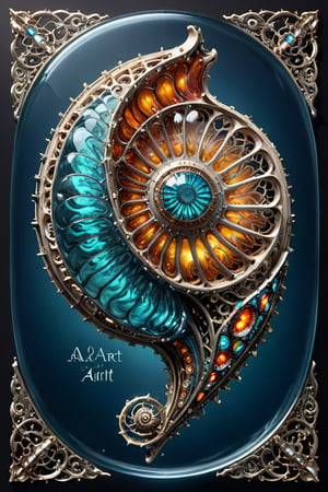 A 3D style artwork that shows (an amazing glass sea nautilus shell), (glass art:1.3), (trendwhore style:1.6), with (the capital lettered text "AI-ART":1.2) big dimensioned in the corner. Gradient background, sharp details. Dark filigree on background. Highest quality, detailed and intricate, original artwork, trendy, futuristic, award-winning. Bright colors, close shot, artint, make_3d,art_booster,crystalz,spstation