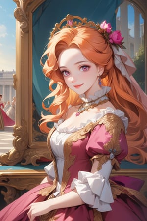 Very beautiful girl wearing a sumptuous fuchsia and pale orange dress, illustration, detailed, beautiful detailed eyes, beautiful detailed, orange hair, warmly smile, she is showing a painting of hers, Versailles background. Rococo oil paint