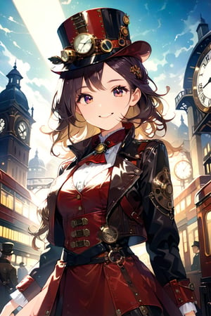 Very beautiful girl with a steampunk leather jacket, red waistcoat and hat, intricately detailed brass accessories. Masterpiece, illustration, extremely detailed, beautiful detailed eyes, beautiful detailed mouth, warmly smile, bright colors, dark light, railway station on background 