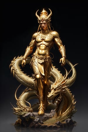 1 chinese full body God with dragon hyperdetailed black bronze sculpture, perfect face, cinematic pose, (masterful:1.3), in the ancient style of the best chinese art, detailed and intricate, golden line, complex background, golden intricately detailed background, black color,bg_imgs,dragon