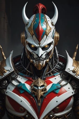 3D artwork, upper body of a caracter represesenting a mighty style harlequin eldar male robot with a high surreal white mask, (surrealistic big stylized full metal helm that resembles the shape of a jester's hat), mantle, bolts and iron chains. (Majestic pose:1.4), (hieratic expression:1.6), emerging from the darkness in the style of Caravaggio. (Red), teal, (yellow), white forming perfect stripes ornamental patterns on a (rusted:0.8) armor. Matte surfaces. Side light, UHD, high resolution, 8k, black gothic cathedral interior background, warm golden light 