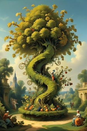 A mystical greenery garden, masterful whimsical topiary sculptures, baroque style vases, small fruits, flowers, esotic birds, (multiple fantastic spirals of branches and leaves:1.9), dreamy atmosphere, golden vibes, romantic landscape. Masterpiece, rococo style, painted by Jean-Honoré Fragonard and Michael Cheval