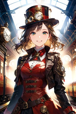 Very beautiful girl with a steampunk leather jacket, red waistcoat and hat, intricately detailed brass accessories. Masterpiece, illustration, extremely detailed, beautiful detailed eyes, beautiful detailed mouth, warmly smile, bright colors, dark light, railway station on background 