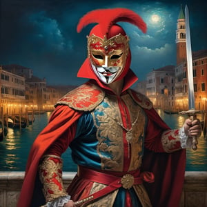 
A full body representation of a swordsman wearing a red Venetian mask, dynamic pose, intricate, colorful, fine facial details, Venice city by night on background, sharp focus, aged oil painting in the style of rembrandt