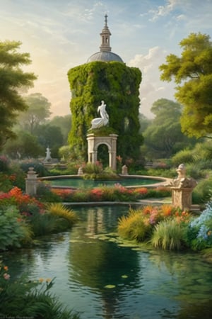 A fantastic greenery ancient garden with plant sculptures and a small tower rising from a small pond in the center, bright colored flowers. A masterpiece painted by Claude Lorrain and Jean-Honoré Fragonard, highly detailed leaves, (surreal:1.4) atmosphere, romantic landscape,island