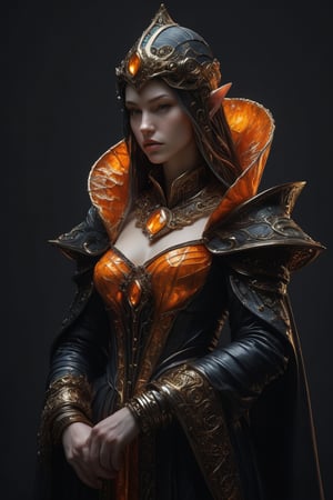 3D artwork, upper body shot represesenting a mighty female young caracter. High elven hat shaped as an orange seashell, mantle, shining gold jewels and silver chains. (Majestic pose:1.4), (hieratic expression:1.6), emerging from the darkness in the style of Rembrandt. The caracter wears a black and orange large luxury dress. The character is illuminated from the side by a dark golden light. Marine vibes. Vibrant colors. The background is a black gothic cathedral interior dimly lit by moonlight. UHD, high resolution, 8k.