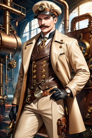 Industrial steampunk mechanic man, face marked by experience, moustache, cap, steampunk beige leather double-breasted jacket, beige tweed fabric puffed trousers, intricately detailed brass accessories. Masterpiece, illustration, extremely detailed, cinematic pose, industrial background