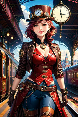 Very beautiful girl with a steampunk leather jacket, red waistcoat and hat, intricately detailed brass accessories. Masterpiece, illustration, extremely detailed, warmly smile, bright colors, dark light, railway station on background 