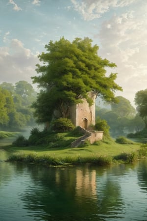 A fantastic greenery ancient garden with a pond in the center and a small French castle style tower in the center of the pond. A masterpiece painted by Claude Lorrain and Jean-Honoré Fragonard, highly detailed leaves, (surreal:1.4) atmosphere, romantic landscape,island