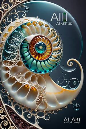 A 3D style artwork that shows (an amazing glass sea nautilus shell), (glass art:1.4), (trendwhore style:1.6), with the large (text "AI-ART":1.2) on it. Gradient background, sharp details. Dark filigree on background. Highest quality, detailed and intricate, original artwork, trendy, futuristic, award-winning. Bright colors, close shot, artint