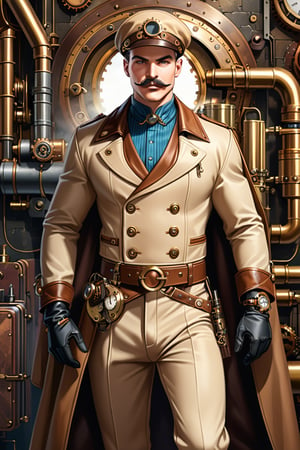 Industrial steampunk mechanic man, face marked by experience, moustache, cap, steampunk beige leather double-breasted jacket, beige tweed fabric puffed trousers, intricately detailed brass accessories. Masterpiece, illustration, extremely detailed, cinematic pose, industrial background