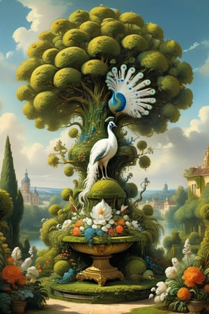 A mystical greenery garden, masterful whimsical topiary sculptures, flowers, a majestic awesome white peacock at the center of the scene. Dreamy atmosphere, golden vibes, romantic landscape. Masterpiece, rococo style, painted by Jean-Honoré Fragonard and Michael Cheval