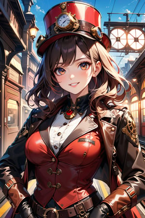 Very beautiful girl with a steampunk leather jacket, red waistcoat and hat, intricately detailed brass accessories. Masterpiece, illustration, extremely detailed, beautiful detailed eyes, beautiful detailed mouth, warmly smile, bright colors, dark light, railway station on background 