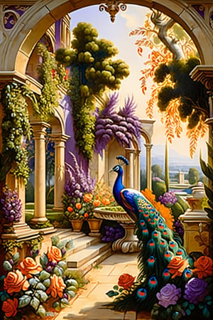 An ultra higly detailed ancient greenery garden with sumptuous masterpieces of topiary art. A masterpiece painted by Claude Lorrain, highly detailed leaves, purple flowers, red and orange roses and a (white peacock:1.4) at the center of the scene. Golden hour, romantic landscape,  Architectural100, on parchment