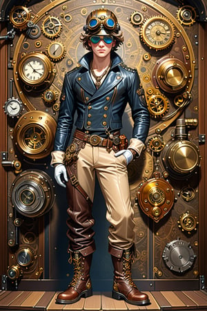 Very skilled industrial mechanic boy, with a steampunk leather double-breasted jacket, leather helmet and goggles, beige tweed puffed trousers, leather laced boots, intricately detailed brass accessories. Masterpiece, illustration, extremely detailed, industrial deep background 