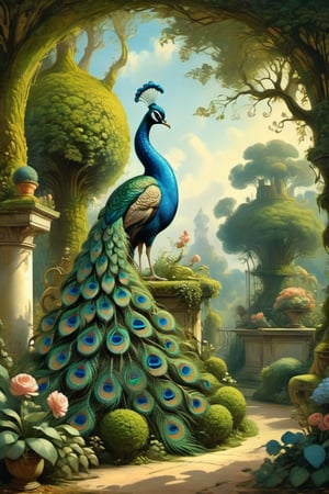 A mystical greenery garden, masterful whimsical topiary sculptures, flowers, a majestic awesome peacock at the center of the scene. Multiple fantastic spirals of branches and leaves on background. Dreamy atmosphere, golden vibes, romantic landscape. Masterpiece, rococo style, painted by Jean-Honoré Fragonard and Michael Cheval