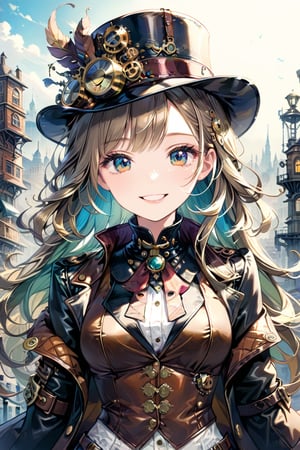 Very beautiful girl with a steampunk leather jacket, waistcoat and hat, intricately detailed brass accessories. Masterpiece, illustration, extremely detailed, beautiful detailed eyes, beautiful detailed mouth, warmly smile, bright colors, city on background 