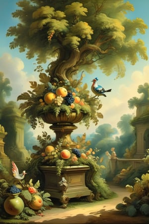 A mystical greenery garden, masterful whimsical topiary sculptures, baroque style vases, fruits, flowers, esotic birds, multiple fantastic spirals of branches and leaves, dreamy atmosphere, golden vibes, romantic landscape. Masterpiece, rococo style, painted by Jean-Honoré Fragonard