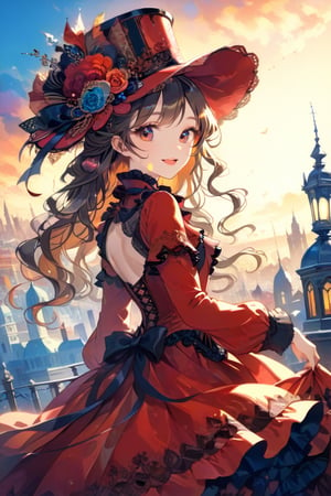 Very beautiful girl with a very ornated victorian silk red dress, sumptuous hat, masterpiece, illustration, extremely detailed, beautiful detailed eyes, beautiful detailed mouth, warmly smile, (bright colors:1.4), city on background 