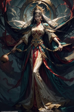 Full body shot of a character standing in majestic pose, realistic representation of a fantasy chinese empress, with the most sumptuous wedding hanfu dress made of white silk and richly embroidered with gold and silver threads, intricately carved golden badges and tassels. Under the sea background, magic circles. Art by Yoshitaka Amano, Huang Guangjian, Zhong Fenghua, stunning interpretive visual, gothic regal, colorful, realistic eyes, dreamy magical atmosphere, (film grain), (warm hue, warm tone), cinematic light, side lightings,zhongfenghua,gu,weapon