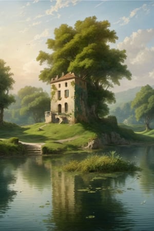 A fantastic greenery ancient garden with a pond in the center and a small French castle tower in the center of the pond. A masterpiece painted by Claude Lorrain and Jean-Honoré Fragonard, highly detailed leaves, (surreal:1.4) atmosphere, romantic landscape,island