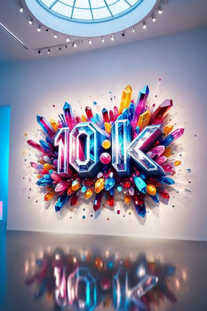 Front view of a 3D style graffiti museal artwork with the text "10K", displayed on the white wall of a futuristic museum. Bright colors, close shot. Text,crystalz