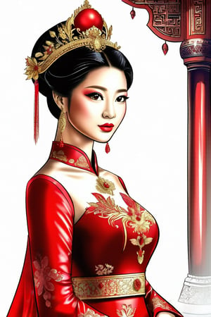 Dappled Light, photo portrait of a character, intricate (pencil sketch:1.5) of a vietnamese queen with the most sumptuous red wedding dress. Vietnamese royal palace background. Colorful, realistic eyes, dreamy magical atmosphere, cinematic light, side lighting