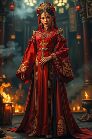 Full body shot of a character standing in majestic pose, hyper realistic representation of a fantasy chinese empress with the most sumptuous wedding hanfu dress made of (red:1.4) silk and richly embroidered with gold and silver threads, (wide sleeves:1.2), intricately carved golden badges and tassels, golden line, dark gothic cathedral background, fire and flame and clouds of smoke. Art by Yoshitaka Amano, Zhong Fenghua, stunning interpretive visual, gothic regal, colorful, realistic eyes, dreamy magical atmosphere, (film grain), (warm hue, warm tone), cinematic light, side lightings, zhongfenghua, Midjourneyart 