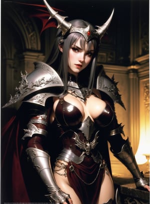 A vampire queen by Luis Royo, intricately ornated silver armor