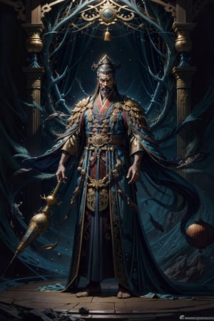 Full body shot of a character standing in majestic pose, realistic representation of a fantasy chinese emperor, with the most sumptuous wedding hanfu suit made of dark blue silk and richly embroidered with gold and silver threads, intricately carved golden badges and tassels. Under the sea background, magic circles. Art by Yoshitaka Amano, Huang Guangjian, Zhong Fenghua, stunning interpretive visual, gothic regal, colorful, realistic eyes, dreamy magical atmosphere, (film grain), (warm hue, warm tone), cinematic light, side lightings,zhongfenghua,gu,weapon