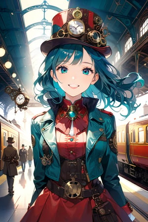 Very beautiful girl with a steampunk teal leather jacket, red waistcoat and hat, intricately detailed brass accessories. Masterpiece, illustration, extremely detailed, beautiful detailed eyes, beautiful detailed mouth, warmly smile, bright colors, dark light, railway station on background 