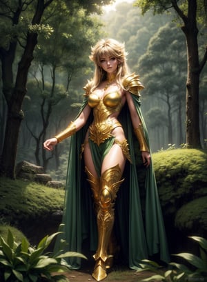 A saint seiya intricately ornated golden armored girl by Luis Royo, greenery forest background