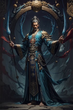 Full body shot of a character standing in majestic pose, realistic representation of a fantasy chinese emperor, with the most sumptuous wedding hanfu suit made of dark blue silk and richly embroidered with gold and silver threads, intricately carved golden badges and tassels. Under the sea background, magic circles. Art by Yoshitaka Amano, Huang Guangjian, Zhong Fenghua, stunning interpretive visual, gothic regal, colorful, realistic eyes, dreamy magical atmosphere, (film grain), (warm hue, warm tone), cinematic light, side lightings,zhongfenghua,gu,weapon