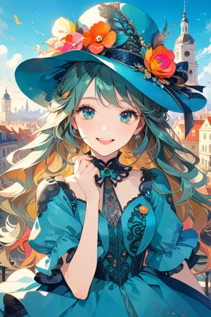 Very beautiful girl with a rococò teal dress, sumptuous hat, masterpiece, illustration, extremely detailed, beautiful detailed eyes, beautiful detailed mouth, warmly smile, (bright colors:1.4), city on background