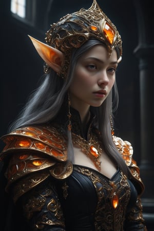 3D artwork, upper body shot represesenting a mighty female young caracter. High elven hat shaped as an orange seashell, mantle, shining gold jewels and silver chains. (Majestic pose:1.4), (hieratic expression:1.6), emerging from the darkness in the style of Rembrandt. The caracter wears a black and orange large luxury dress. The character is illuminated from the side by a dark golden light. Marine vibes. Vibrant colors. The background is a black gothic cathedral interior dimly lit by moonlight. UHD, high resolution, 8k.