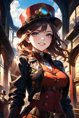 Very beautiful girl with a steampunk leather jacket, red waistcoat and hat, intricately detailed brass accessories. Masterpiece, illustration, extremely detailed, beautiful detailed eyes, beautiful detailed mouth, warmly smile, bright colors, dark light, railway station on background, complex_background 