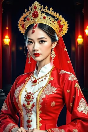 Dappled Light, portrait of a character, intricate (pencil sketch:1.5) of a vietnamese queen with the most sumptuous red wedding dress. Vietnamese royal palace background. Colorful, realistic eyes, dreamy magical atmosphere, cinematic light, side lighting