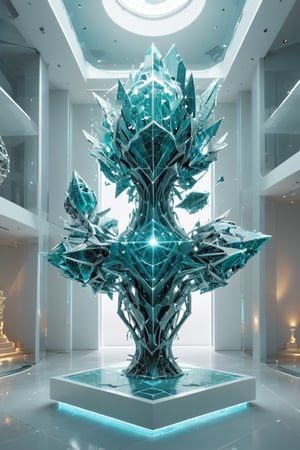 Front view of a museal sculpture displayed on a pedestal in the white room inside a futuristic museum. BREAK The artwork is (an amazing and captivating abstract sculpture:1.4), (trendwhore style:1.4),  architectural elements, deconstructivism, shattered reality, glow, spark, (2004 aesthetics:1.2),(beautiful vector shapes:1.3), pale aquamarine theme. Abstract fractal shape, gradient background, sharp details. Highest quality, detailed and intricate, original artwork, trendy, vector art, vintage, award-winning, artint, LW. BREAK wide shot, sharp focus, bright white room,noc-wfhlgr