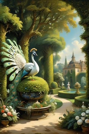 A mystical greenery garden, masterful whimsical topiary sculptures, flowers, one majestic awesome (white:1.2) peacock doing cartwheel at the center of the scene. Dreamy atmosphere, golden vibes, romantic landscape. Masterpiece, rococo style, painted by Jean-Honoré Fragonard and Michael Cheval