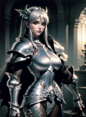 A vampire queen by Luis Royo, intricately ornated silver armor, delicate\(armor\)
