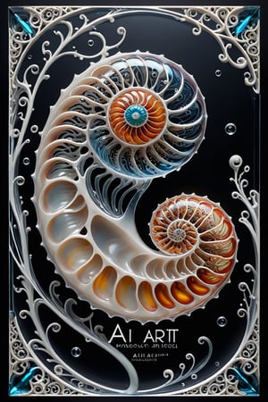 A 3D style artwork that shows (an amazing glass sea nautilus shell), (glass art:1.4), (trendwhore style:1.6), with the large (text "AI-ART":1.2) on it. Gradient background, sharp details. Dark filigree on background. Highest quality, detailed and intricate, original artwork, trendy, futuristic, award-winning. Bright colors, close shot, artint,Text