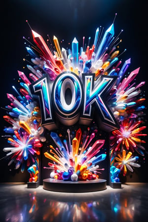 Front view of a 3D style graffiti museal artwork with the text "10K", displayed on the black wall of a futuristic museum. Bright colors, color fireworks, close shot. Text,crystalz