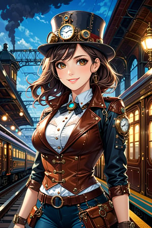 Very beautiful girl, dark eyes and hair, with a steampunk leather jacket, waistcoat and hat, intricately detailed brass accessories. Masterpiece, illustration, extremely detailed, warmly smile, bright colors, dark light, railway station on background 