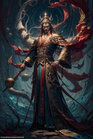 Full body shot of a character standing in majestic pose, realistic representation of a fantasy chinese god, with the most sumptuous wedding hanfu suit made of white silk and richly embroidered with gold and silver threads, intricately carved golden badges and tassels. Under the sea background, magic circles. Art by Yoshitaka Amano, Huang Guangjian, Zhong Fenghua, stunning interpretive visual, gothic regal, colorful, realistic eyes, dreamy magical atmosphere, (film grain), (warm hue, warm tone), cinematic light, side lightings,zhongfenghua,gu,weapon