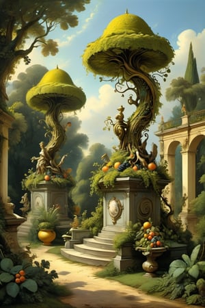 A mystical greenery garden, masterful whimsical topiary sculptures, baroque style vases, fruits, flowers, esotic birds, (multiple fantastic spirals of branches and leaves:1.9), dreamy atmosphere, golden vibes, romantic landscape. Masterpiece, rococo style, painted by Jean-Honoré Fragonard and Michael Cheval